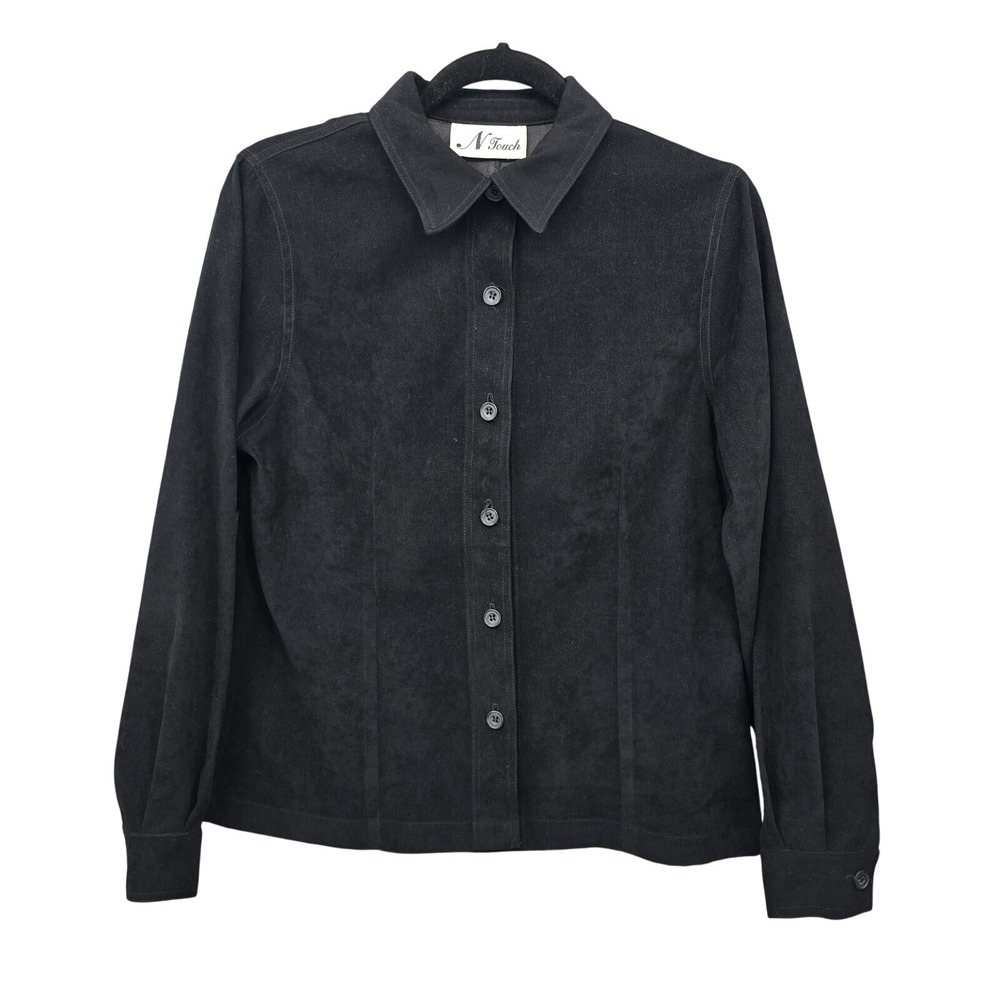 Vintage N Touch Shirt Women's S-M 38" Chest Black Long‎ Sleeve Button Up Velour
